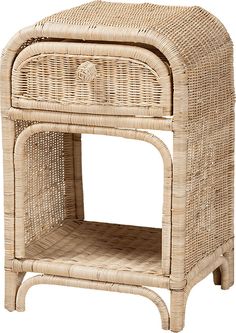 a wicker side table with an open shelf on the top and one drawer at the bottom