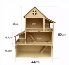 a wooden doll house with stairs and windows on the front, measurements for each floor