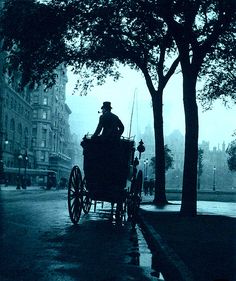 an old photo of a man riding in a horse - drawn carriage down the street