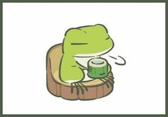 a green frog sitting on top of a wooden chair with a bottle in it's mouth