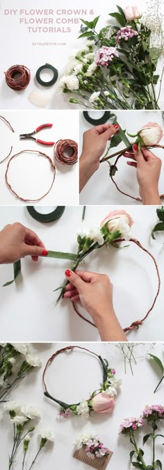 flowers are being made with rope and scissors to make a flower crown for the bride's bouquet