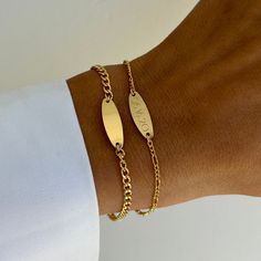 Gold Engraved Round Nameplate Bracelet Gold Name Bracelet, Nameplate Bracelet, Romantic Stuff, Gold Engraving, Engraved Bracelet, Figaro Chain, Gold Gift, Hand Chain, Jewelry Lookbook