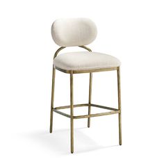 an upholstered stool with a gold frame and white fabric seat pad, viewed from the front