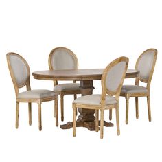 a dining room table and chairs with white upholstered backrests on each side