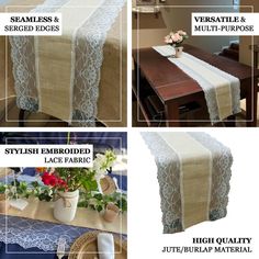 four pictures showing different types of table linens with lace on the edges and flowers in vases