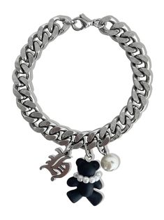 Crafted with meticulous attention to detail, the 'TEDDY' custom charm bracelet features a handmade acrylic teddy bear pendant which of course, is wearing a strand of Five Fourty Nine's signature pearls. Paired with a stainless steel initial and pearl, this custom piece is both adorable yet edgy, making the perfect gift for that special person in your life! Made with stainless steel chain and initial pendant. Waterproof and rust-free. Made to last. Available in lengths 6", 6.5", 7", 7.5", 8'. All lengths include a 1" extension chain. Model is wearing 6".  Handmade with love in Los Angeles. Girl Wishlist, Teddy Bear Pendant, Xoxo Jewelry, Dream Wishlist, Streetwear Jewelry, Custom Charm Bracelet, Outfit Pieces, Bear Pendant, Custom Charms