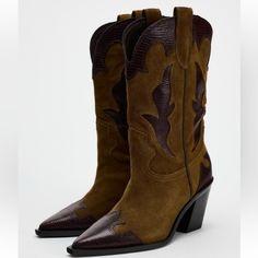 New With Tag Zara F/W '24 Collection Heeled Knee High Boots In Combination Suede. Cowboy Style. Textured Detail At Shaft. Side Pull Tabs. Pointed Toe. Heel Height: 2.8 Inches (7 Cm) Brown Upper 100% Cow Leather Lining 75% Cotton 15% Goat Leather 10% Polyester Sole 100% Sbs Insole 100% Goat Leather Long Shorts Cowboy Boots, Zara Cowboy Boots, Shorts And Cowboy Boots, Heeled Knee High Boots, High Cowboy Boots, Tall Western Boot, Suede Cowboy Boots, Suede Knee High Boots, Brown Cowboy Boots