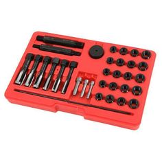 an assortment of tools in a red case