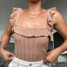 Gorgeous Zara Top With Square Neckline And Ruffle Straps. Can Be Worn On Or Off The Shoulder. The Perfect Versatile Addition To Your Spring And Summer Wardrobe! Material Has Give Yet Provides For A Flattering Fitted Silhouette. Subtle Metallic Detail. Slightly Cropped. Sold Out Style! Size: Medium Color: Tan Condition: Sold To Me As Nwot! Never Worn. Hanging Strings Have Been Cut. Tags: Woven, Crochet, Knit, Flounce Trim, Sleeveless, Crop, Blouse, Pointelle, Casual, Basic, Essential, Time Capsul Chic Summer Knit Top For Brunch, Chic Beige Pointelle Knit Top, Brown Sleeveless Knit Top For Summer, Feminine Beige Knit Top, Chic Knit Top For Brunch, Beige Knit Tops With Ruffles, Trendy Beige Tops With Ruffles, Chic Knit Top With Ruffles, Trendy Beige Ruffled Tops