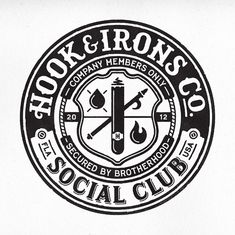 the logo for hook & iron's social club is shown in black and white