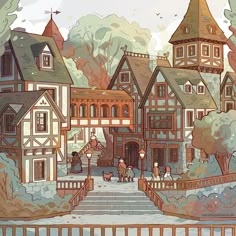 an image of a cartoon town scene with people walking down the street and buildings on either side