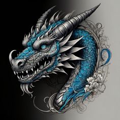 a blue dragon tattoo design on a black background