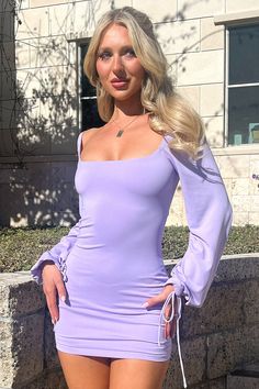 Get ready to turn heads in the Atkinson Dress! This purple mini dress features a sweet heart neckline, balloon sleeves, and tie cuffed sleeves. With a tie up back and double lining, this bodycon dress is perfect for a night out when paired with heels and silver jewellery! FABRICATION: 100% Polyester SIZING: Taylor's height is 160cm/5'2 and wears a size size AU 6 / US 2 Fitted Purple Dress With Tie Back, Bodycon Mini Dress With Tie Back, Summer Mini Dress With Lantern Sleeves For Night Out, Summer Lantern Sleeve Mini Dress For Night Out, Fitted Mini Dress With Lantern Sleeves For Night Out, Fitted Mini Bodycon Dress With Tie Back, Party Mini Dress With Elastic Sleeves, Trendy Puff Sleeve Mini Dress For Party, Fitted Mini Dress With Gathered Lantern Sleeves