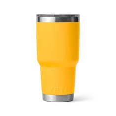 the yeti tumbler is shown in bright yellow, with stainless steel rims