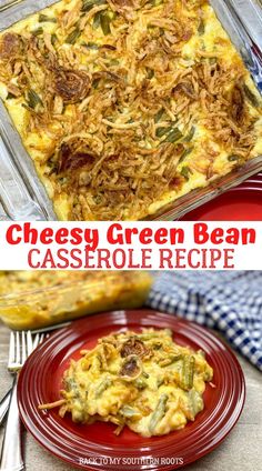 cheesy green bean casserole recipe on a red plate