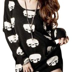 New In Package Skull Print Casual Tunic Top O-Neck Loose Top Can Be Worn As A Sweater Dress Color: Black&White Material: Cotton Blend Sleeve Style: Long Sleeve Printed Casual Dresses, Punk Emo, Casual Tunics, Loose Top, Dress Shirt Sleeves, Tomboy Fashion, Loose Blouse, Skull Print