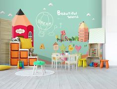 a child's room with toys and wallpaper