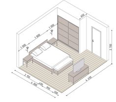 a drawing of a bedroom with a bed and dresser