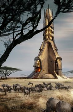 a group of animals standing in front of a building with a spire on it's side