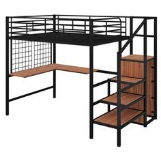 a black loft bed with shelves underneath it