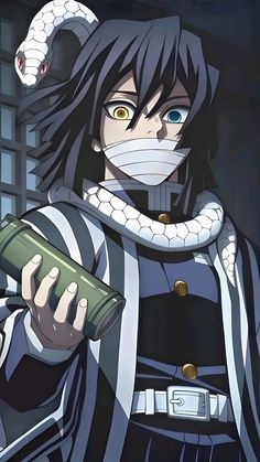 an anime character wearing a mask and holding a can in his hand with the caption's name on it