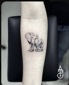 an elephant and calf tattoo on the arm