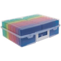 a plastic storage box filled with multicolored dividers and two compartments for small items