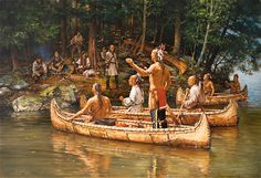 a painting of people in canoes on the water