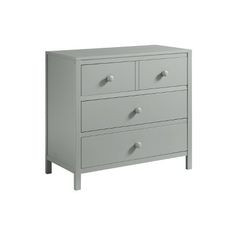 a white dresser with three drawers and two knobs