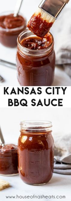 a spoon full of bbq sauce with the words kansas city bbq sauce above it