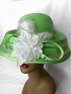 Hand Customized Long Brim hat. For any event, Church, Kentucky derby, Tennis match, Christmas gift, Easter hat, Mothers Day. Ladies Dress Hats, Church Lady Hats, Church Suits And Hats, Easter Hats, Couture Hats, Elegant Hats, Green Hats, Church Hats, Blue Hat