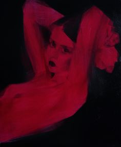 a painting of a woman with her arms behind her head, in red and black