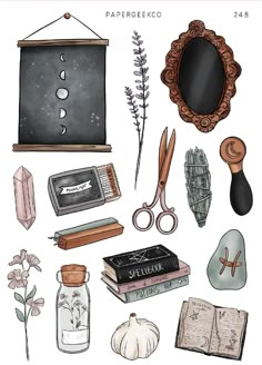 an assortment of items that include books, scissors and other things