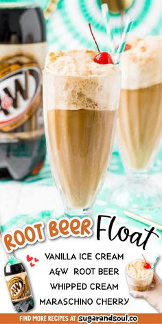 root beer float with vanilla ice cream and whipped cream in two glasses on a table