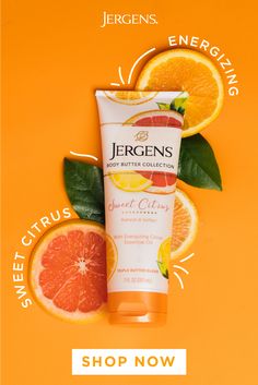 an orange and grapefruit advertisement for jergen's body butter collection