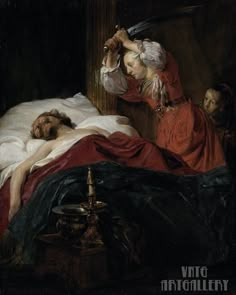 a painting of a woman laying in bed next to a man holding a knife over her head