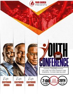 an event poster for the youth conference, featuring three men in suits and one man with glasses