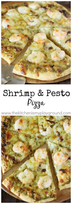 shrimp and pesto pizza on a wooden table with text overlay that reads shrimp and pesto pizza