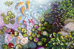 an abstract painting of water lilies and fish