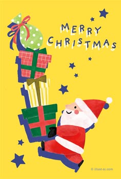 a christmas card with a santa claus carrying presents on his back and the words merry christmas