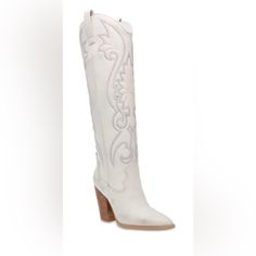 Without Box, Store Display Size 10 Color White Distressed A Western Boot Is A Requirement For Any Wardrobe And Were Obsessed With Lashes. This Knee-High Pair Features Whipstitching Detail And A Towering Block He 3.75 Inch Heel Height Measurements: 15.75 Inch Shaft Circumference, 14.25 Inch Shaft Height Leather Upper Material Vegan Leather And Textile Lining Vegan Leather Sock Synthetic Sole This Product Is Made With Premium Leather And Is Individually Hand Finished. As A Result, The Product Can Vary Slightly From The Pictures. White Boots With Stacked Heel And Snip Toe, White Snip Toe Boots With Stacked Heel, White Snip Toe Heeled Boots For Spring, White Heeled Boots With Reinforced Heel And Snip Toe, White Snip Toe Heeled Boots With Reinforced Heel, Box Store, Leather Socks, Western Boot, Store Display