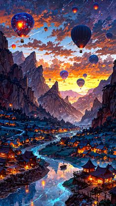 a painting of hot air balloons in the sky over a river and mountains at night