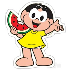 a cartoon girl holding a slice of watermelon in her hand and wearing a yellow dress