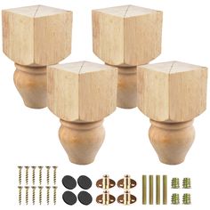 four wooden knobs with screws, nails and wood studs on white background