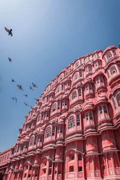 birds are flying in the air above a pink building