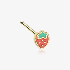 a strawberry shaped piercing with a green leaf on it