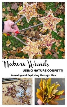 some leaves and branches are arranged in the shape of stars with text that reads nature wands using nature confetti learning and exploring through play