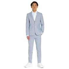 He'll look great in this Boys 10-16 OppoSuits Daily Seersucker Blazer & Pants Set. He'll look great in this Boys 10-16 OppoSuits Daily Seersucker Blazer & Pants Set. Click on this KIDS APPAREL & SHOES GUIDE to find the perfect fit and more! FEATURES Includes: blazer & pants Pants: elastic waistband, 2 front pockets, adjustable waistband Jacket: button closure, 2 faux front pocket, one inside pocket, long sleevesFABRIC & CARE Cotton, polyester, spandex Hand wash Imported Color: Blue. Gender: male Blazer Pants Set, 5th Grade Graduation, Shoes Guide, Seersucker Blazer, Seersucker Suit, Graduation Outfit, Adjustable Waistband, 8th Grade