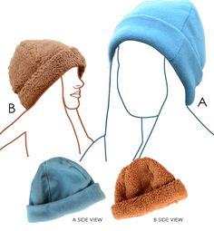 three hats are shown with different types of hair on top and below the image is labeled