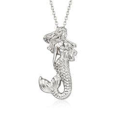 Ross-Simons - Sterling Silver Mermaid Pendant Necklace. 16". Celebrate your love of the sea with this enchanting pendant necklace. A beautiful mermaid is crafted with exquisite detail in textured and polished sterling silver. Suspends from a cable chain with a 2" extender. Springring clasp, mermaid pendant necklace. Amber Bead Necklace, Mermaid Pendant, Silver Mermaid, Beautiful Mermaids, Amber Beads, Free Jewelry, Bead Necklace, Cable Chain, Pendant Jewelry